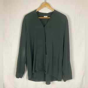 Cuyana Sz XL Dark Green Silk Long Sleeve Wrap Blouse Quiet Luxury Classic EUC